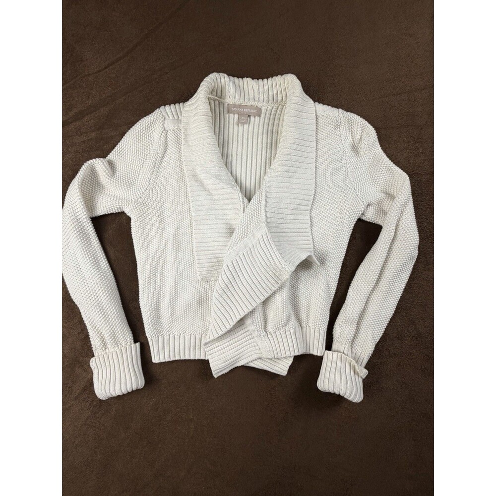 Banana Republic Ribbed Knit Cardigan Sweater White Shawl Collar Women's XS Cott…